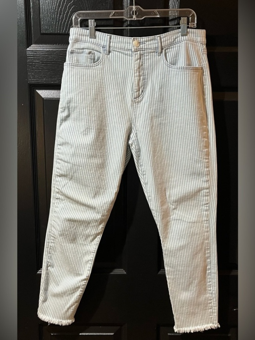 LOFT Blue and White Striped High Waisted Skinny Jeans